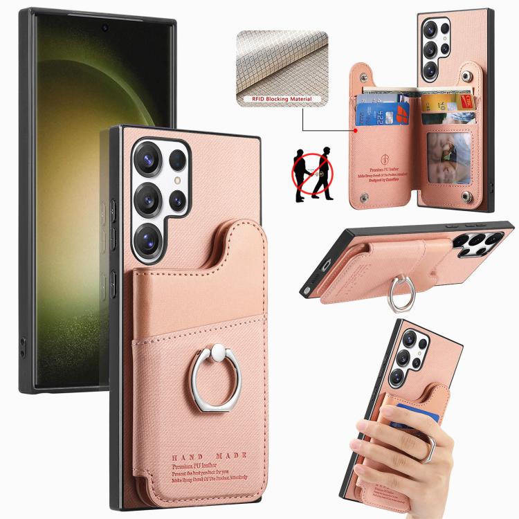Portafoglio multi-carta con anelli in tessuto twill, custodia per telefono in pelle vegana, For Galaxy S23 Ultra 5G, For Galaxy S23+ 5G, For Galaxy S23 5G