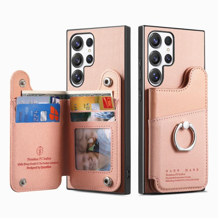Portafoglio multi-carta con anelli in tessuto twill, custodia per telefono in pelle vegana, For Galaxy S23 Ultra 5G, For Galaxy S23+ 5G, For Galaxy S23 5G