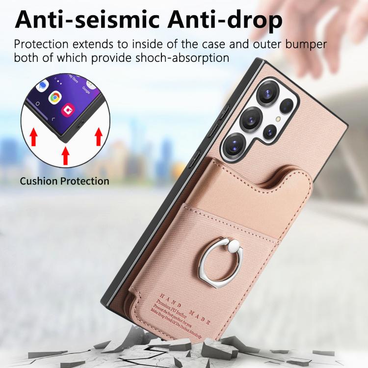 Portafoglio multi-carta con anelli in tessuto twill, custodia per telefono in pelle vegana, For Galaxy S23 Ultra 5G, For Galaxy S23+ 5G, For Galaxy S23 5G