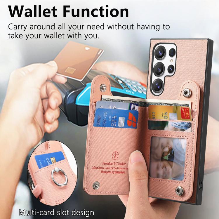 Portafoglio multi-carta con anelli in tessuto twill, custodia per telefono in pelle vegana, For Galaxy S23 Ultra 5G, For Galaxy S23+ 5G, For Galaxy S23 5G