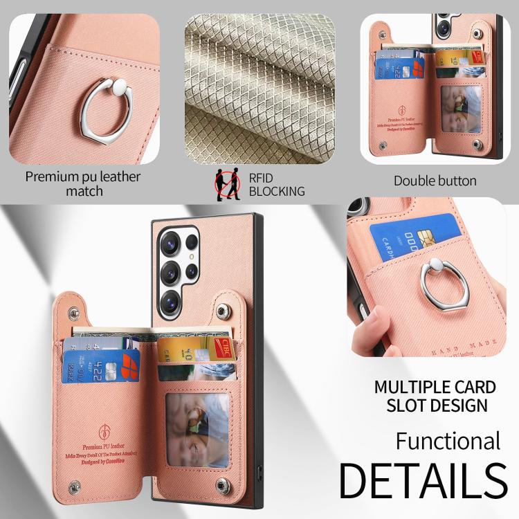 Portafoglio multi-carta con anelli in tessuto twill, custodia per telefono in pelle vegana, For Galaxy S23 Ultra 5G, For Galaxy S23+ 5G, For Galaxy S23 5G