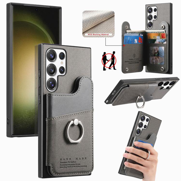 Portafoglio multi-carta con anelli in tessuto twill, custodia per telefono in pelle vegana, For Galaxy S23 Ultra 5G, For Galaxy S23+ 5G, For Galaxy S23 5G
