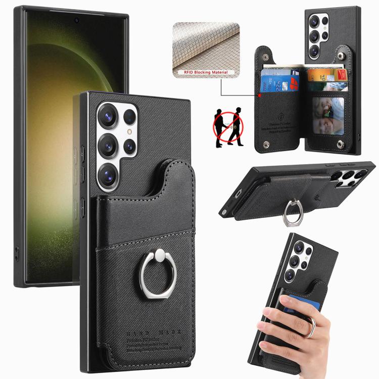 Portafoglio multi-carta con anelli in tessuto twill, custodia per telefono in pelle vegana, For Galaxy S23 Ultra 5G, For Galaxy S23+ 5G, For Galaxy S23 5G