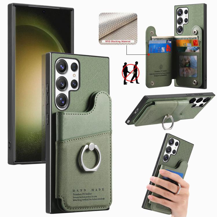 Portafoglio multi-carta con anelli in tessuto twill, custodia per telefono in pelle vegana, For Galaxy S23 Ultra 5G, For Galaxy S23+ 5G, For Galaxy S23 5G