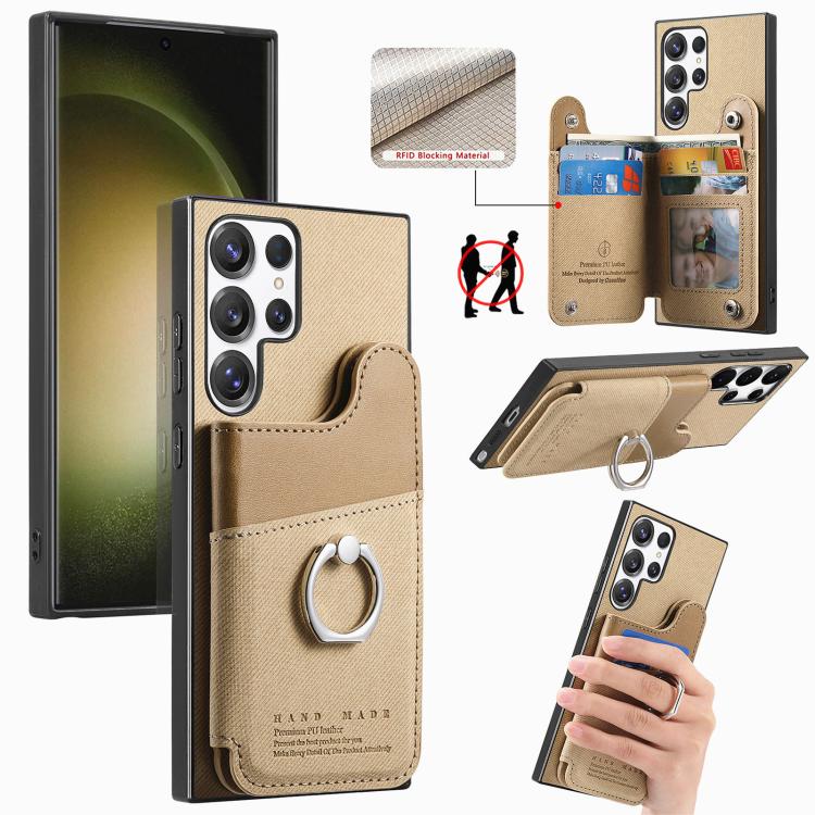 Portafoglio multi-carta con anelli in tessuto twill, custodia per telefono in pelle vegana, For Galaxy S23 Ultra 5G, For Galaxy S23+ 5G, For Galaxy S23 5G