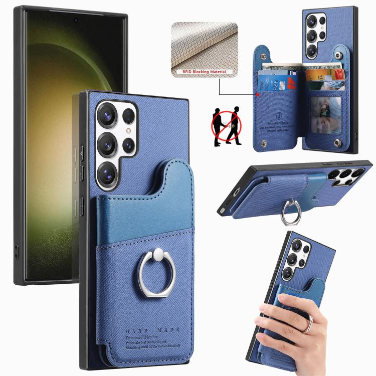 Portafoglio multi-carta con anelli in tessuto twill, custodia per telefono in pelle vegana, For Galaxy S23 Ultra 5G, For Galaxy S23+ 5G, For Galaxy S23 5G