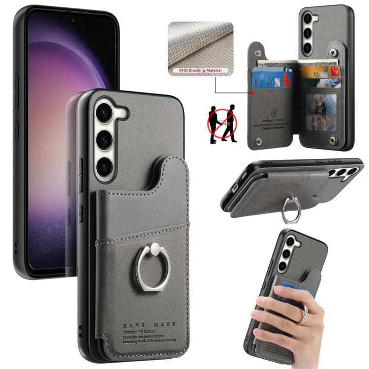 Portafoglio multi-carta con anelli in tessuto twill, custodia per telefono in pelle vegana, For Galaxy S23 Ultra 5G, For Galaxy S23+ 5G, For Galaxy S23 5G