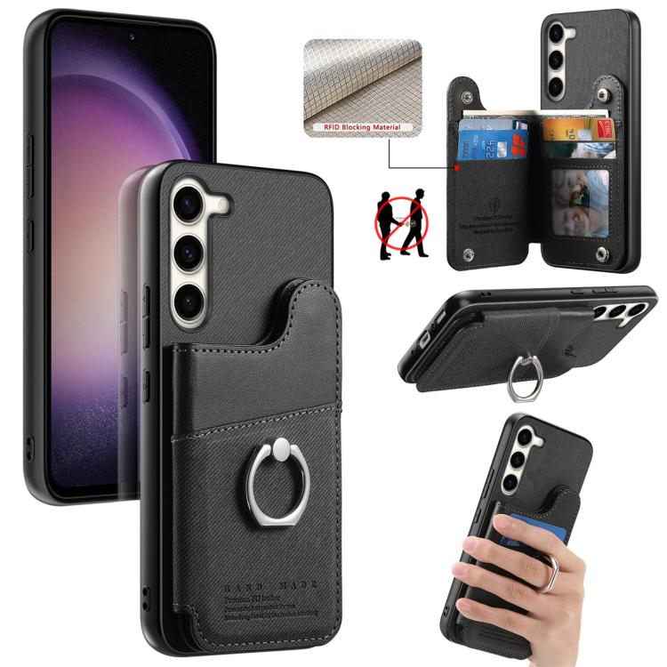 Portafoglio multi-carta con anelli in tessuto twill, custodia per telefono in pelle vegana, For Galaxy S23 Ultra 5G, For Galaxy S23+ 5G, For Galaxy S23 5G