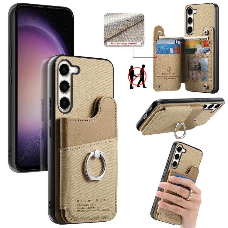 Portafoglio multi-carta con anelli in tessuto twill, custodia per telefono in pelle vegana, For Galaxy S23 Ultra 5G, For Galaxy S23+ 5G, For Galaxy S23 5G