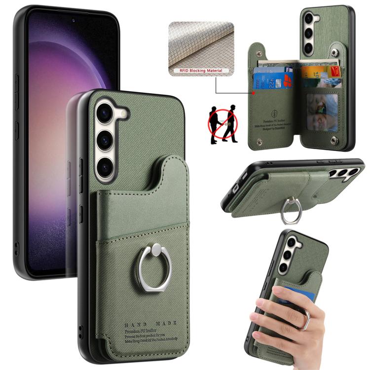Portafoglio multi-carta con anelli in tessuto twill, custodia per telefono in pelle vegana, For Galaxy S23 Ultra 5G, For Galaxy S23+ 5G, For Galaxy S23 5G
