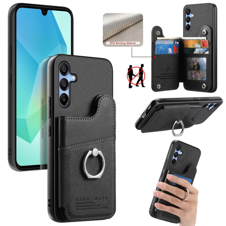 Portafoglio multi-carta con anelli in tessuto twill, custodia per telefono in pelle vegana, For Galaxy A17, For Galaxy A07, For Galaxy A16