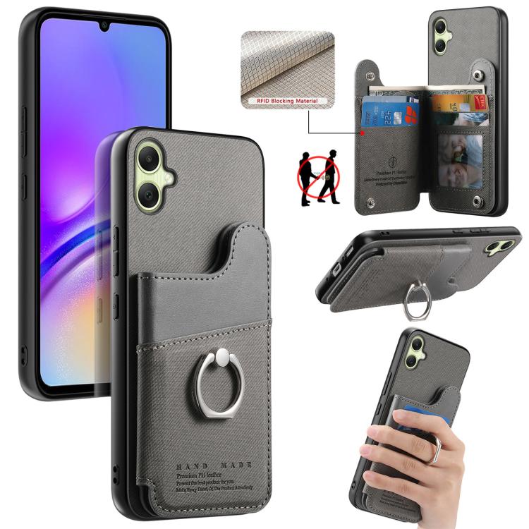 Portafoglio multi-carta con anelli in tessuto twill, custodia per telefono in pelle vegana, For Galaxy A17, For Galaxy A07, For Galaxy A16