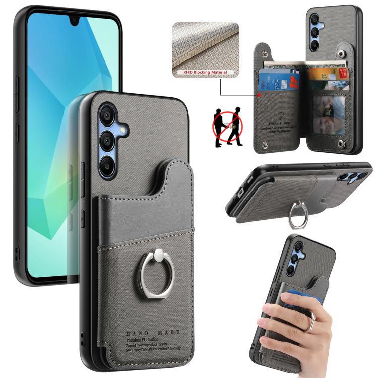 Portafoglio multi-carta con anelli in tessuto twill, custodia per telefono in pelle vegana, For Galaxy A17, For Galaxy A07, For Galaxy A16