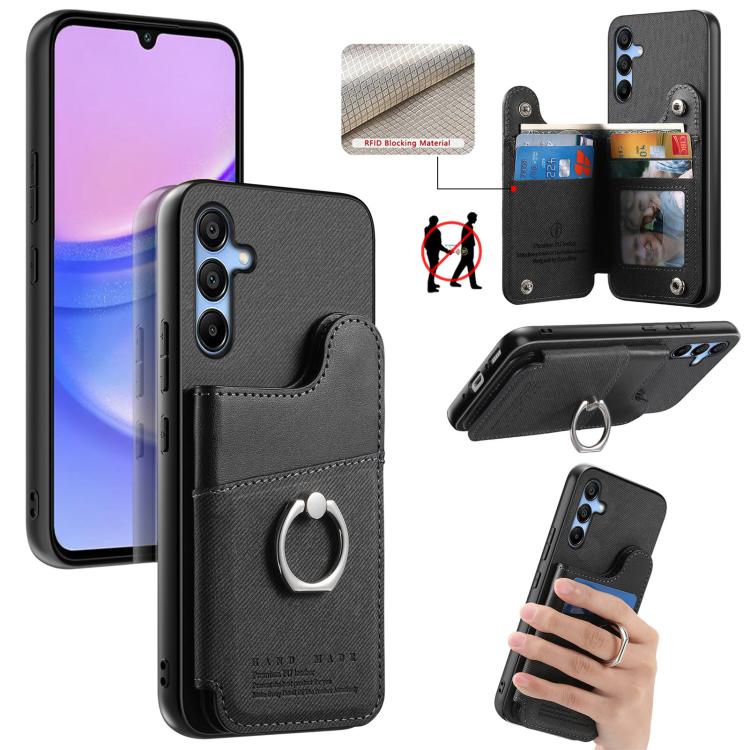 Portafoglio multi-carta con anelli in tessuto twill, custodia per telefono in pelle vegana, For Galaxy A15