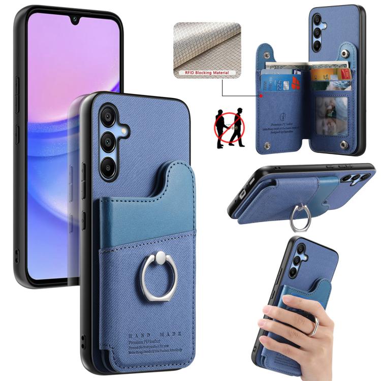 Portafoglio multi-carta con anelli in tessuto twill, custodia per telefono in pelle vegana, For Galaxy A15