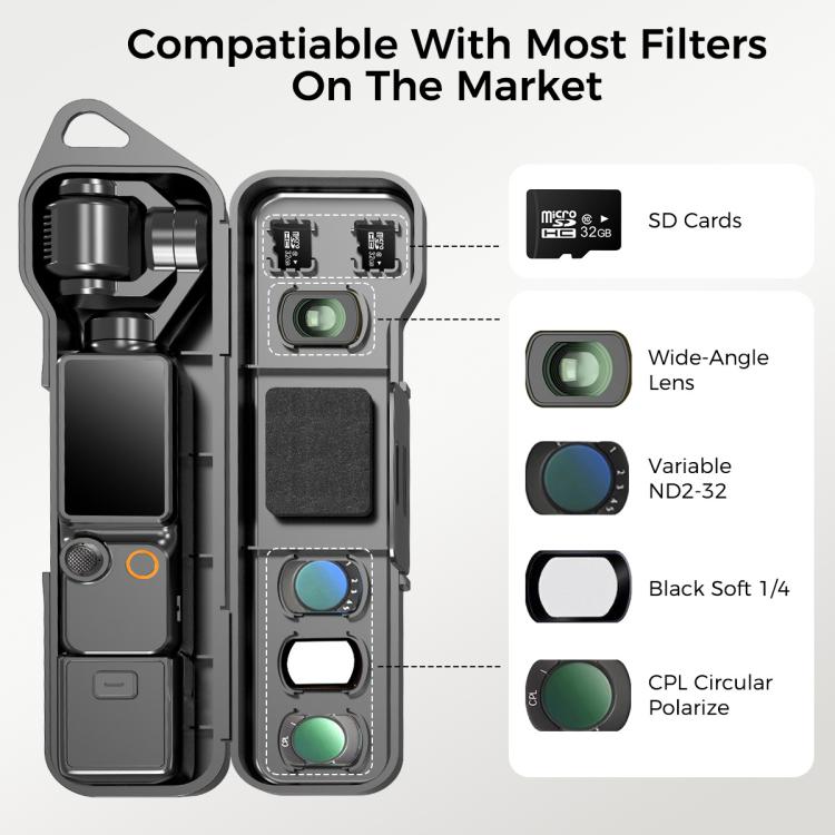 Scatola portaoggetti rigida progettata con scomparto per filtro e slot per scheda SD., For DJI Osmo Pocket 4 / 3