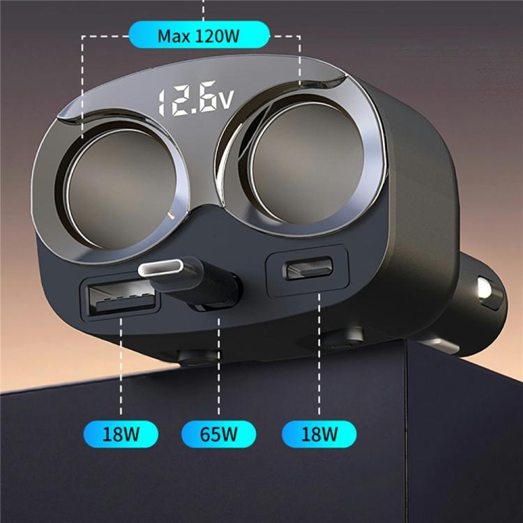 Caricabatterie da auto multiporta GE12 con display di tensione e interruttore indipendente, 120 W, con presa accendisigari., GE12