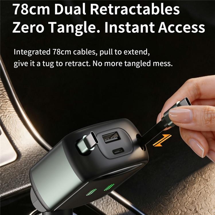Caricabatterie da auto GE15 da 65 W PD a 4 porte con doppio cavo Type-C retrattile e luce ambientale a LED., GE15