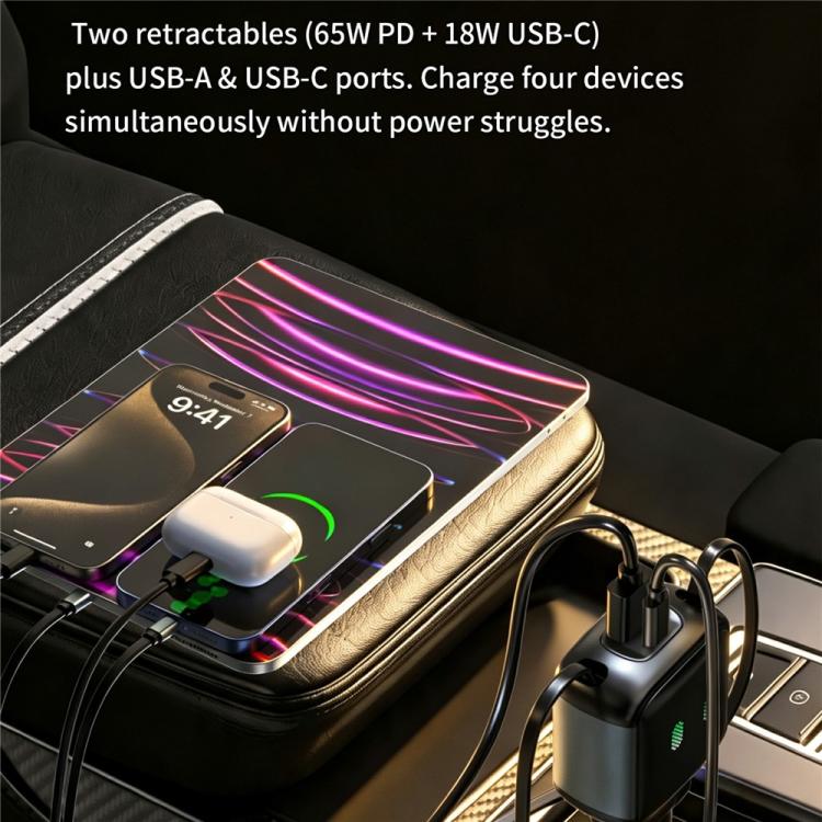 Caricabatterie da auto GE15 da 65 W PD a 4 porte con doppio cavo Type-C retrattile e luce ambientale a LED., GE15