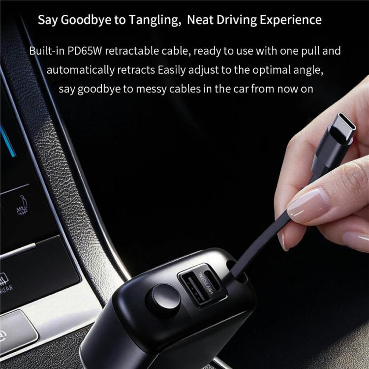 Caricabatterie da auto GE16 da 65 W PD con cavo Type-C retrattile, display della tensione e grafica a cartoni animati., GE16