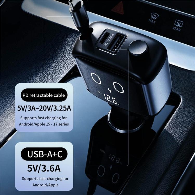 Caricabatterie da auto GE16 da 65 W PD con cavo Type-C retrattile, display della tensione e grafica a cartoni animati., GE16