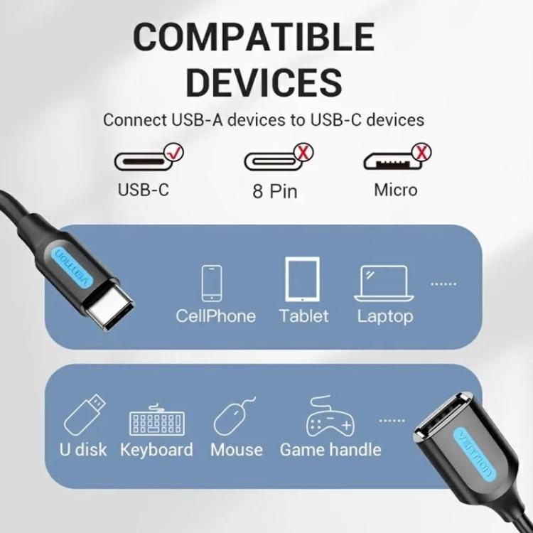 VENTION CCS Series 0.15m USB 2.0 Type-C Male to USB-A Female 480Mbps Transfer OTG Data Cable, Type-C M to USB-A F