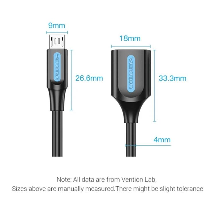 VENTION CCU Series USB 2.0 Micro-B Male to USB-A Female OTG Adapter 0.15m Round PVC Data Cable, Micro-B M to USB-A F