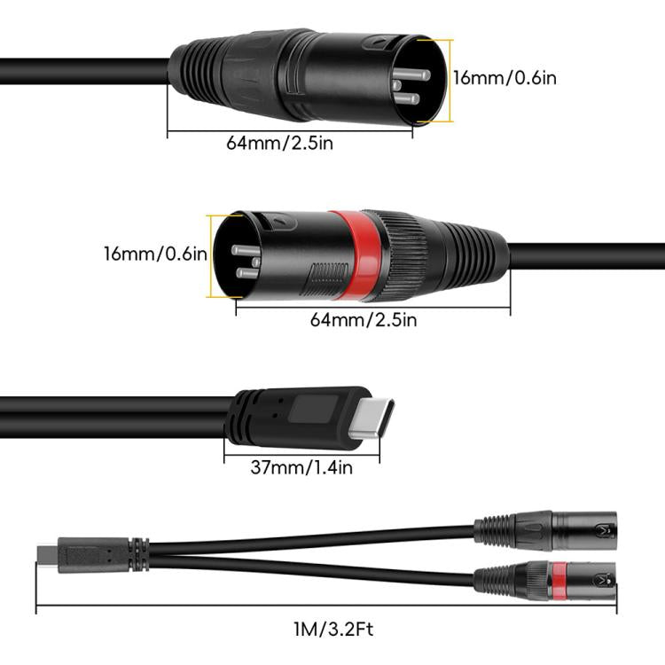 JUNSUNMAY Type-C to Dual XLR Male Audio Adapter Cable for Amplifier / Speaker and More, Type-C to Dual XLR Male