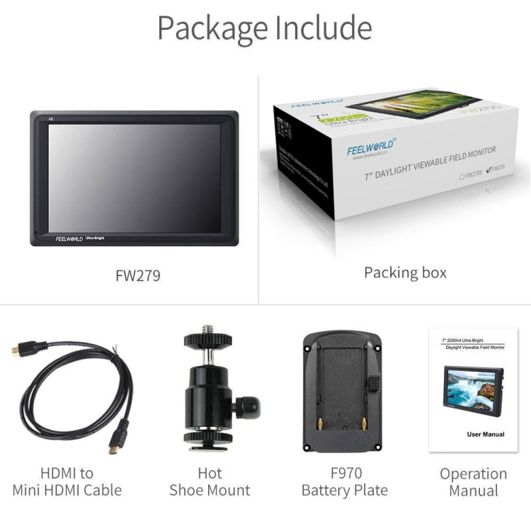 FEELWORLD FW279 Monitor DSLR da campo ultra luminoso da 7 pollici 2200nit su fotocamera Full HD 1920x1200 4K Ingresso uscita HDMI Alta luminosità per stabilizzatore DSLR, FW279