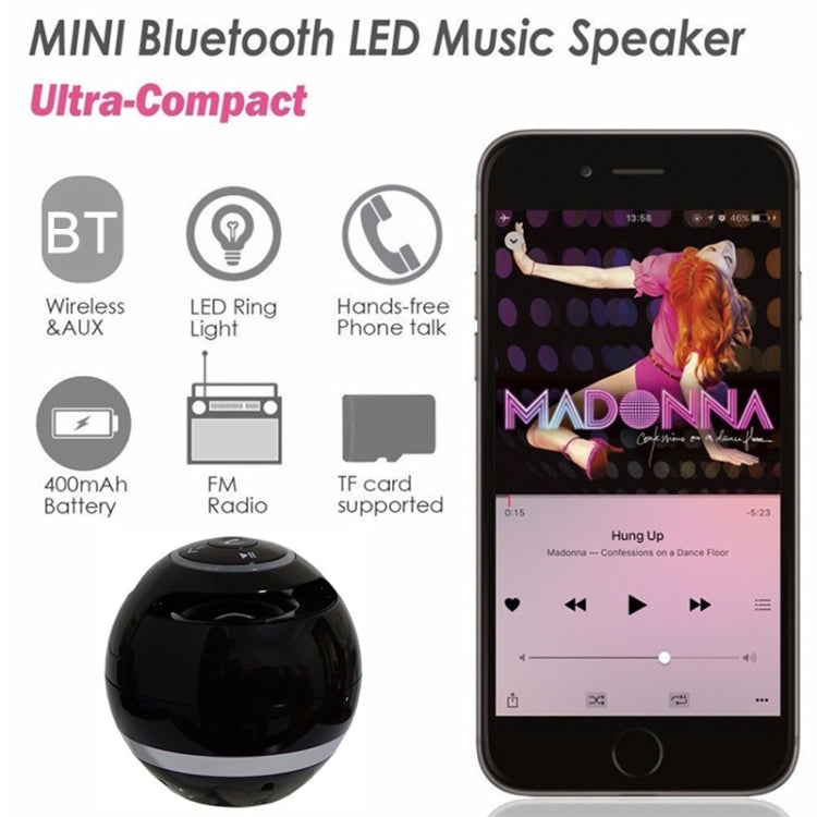Altoparlante Bluetooth a sfera T&G A18 con luce a LED Mini altoparlante wireless portatile Musica mobile Supporto per subwoofer MP3 TF, BLACK, BLUE, PINK, WHITE