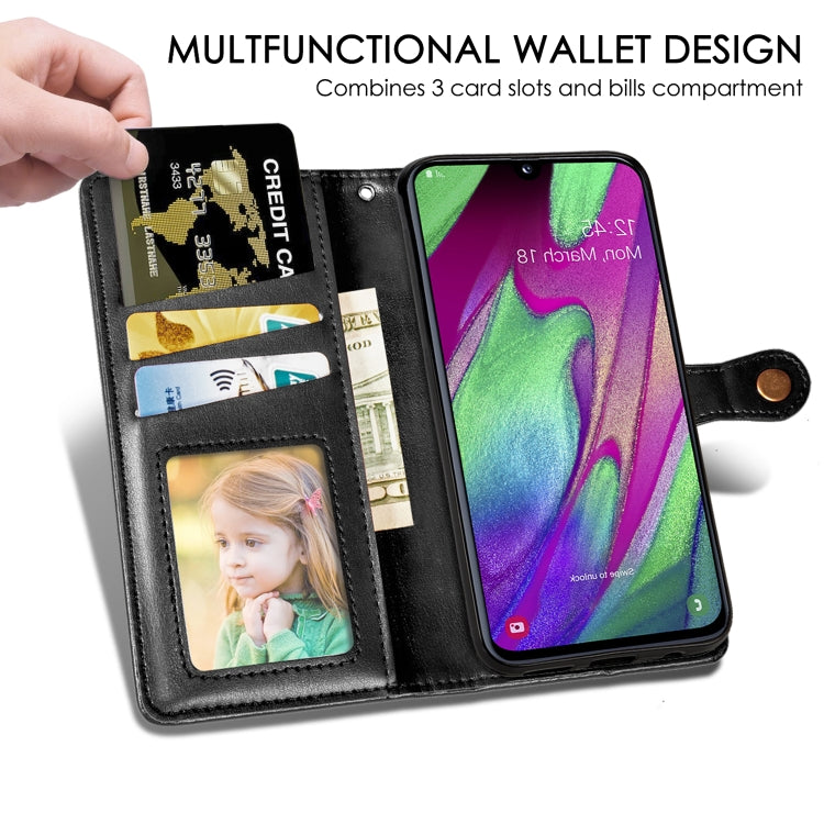 Custodia in pelle di protezione per cellulare con fibbia in pelle tinta unita retrò con cornice per foto e slot per schede e portafoglio e funzione staffa per Galaxy A40, For Galaxy A40