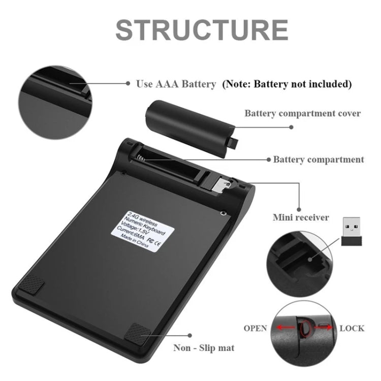 Tastierino numerico mini USB a 18 tasti da 2,4 GHz, Wireless Black