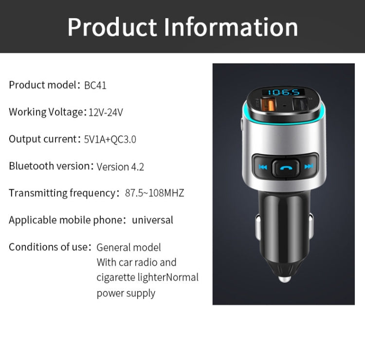 Lettore MP3 multifunzione BC41, ricevitore Bluetooth, caricatore USB, accendisigari per auto, BC41