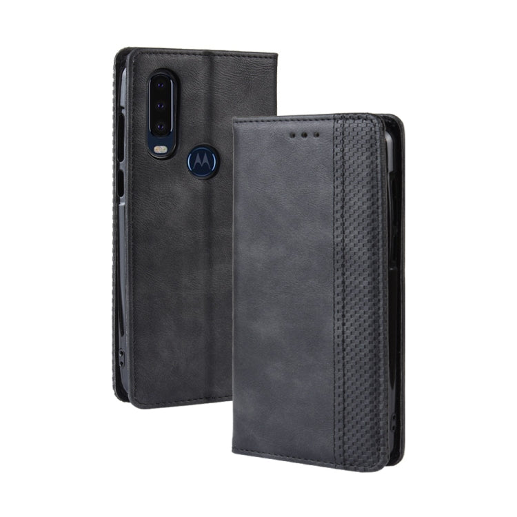 Custodia in pelle a vibrazione orizzontale con struttura retrò Crazy Horse con fibbia magnetica per Motorola One Action, con supporto, slot per schede e cornice per foto