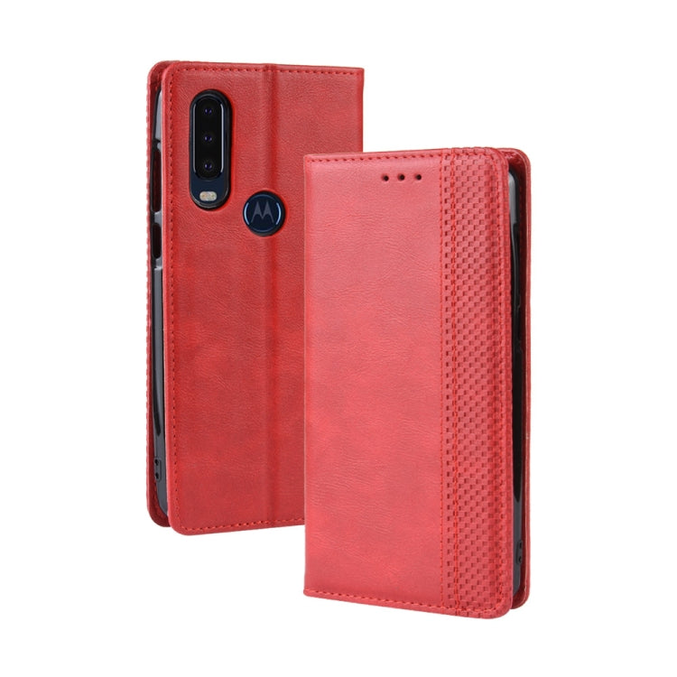 Custodia in pelle a vibrazione orizzontale con struttura retrò Crazy Horse con fibbia magnetica per Motorola One Action, con supporto, slot per schede e cornice per foto