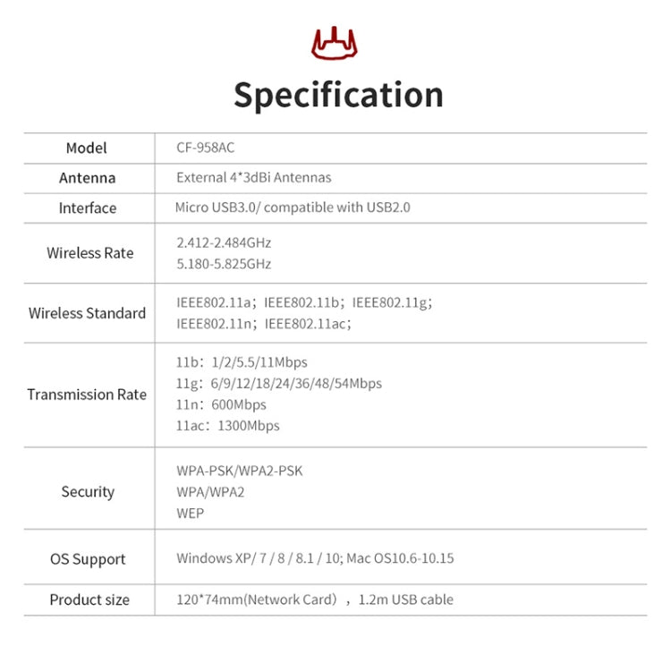 Adattatore Wi-Fi PA ad alta potenza Comfast CF-958AC Scheda di rete Gigabit E-Sport da 1900Mbps Ricevitore dongle Lan PC 2.4Ghz+5.8Ghz USB 3.0
