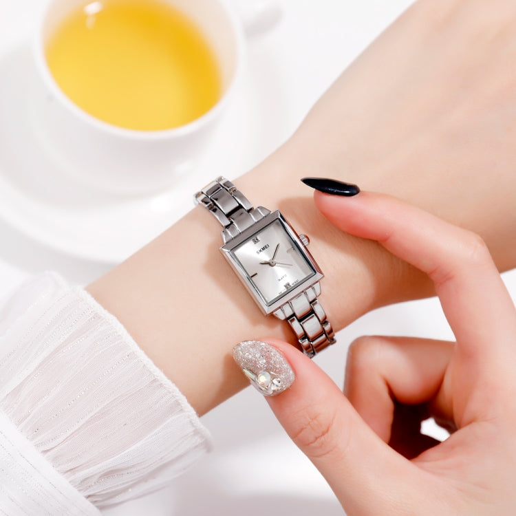 SKMEI 1407 Orologio da lavoro alla moda con diamanti Orologio al quarzo da donna in lega di zinco quadrato delicato ed elegante, Rose Gold, Silvery