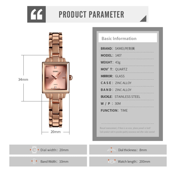 SKMEI 1407 Orologio da lavoro alla moda con diamanti Orologio al quarzo da donna in lega di zinco quadrato delicato ed elegante, Rose Gold, Silvery