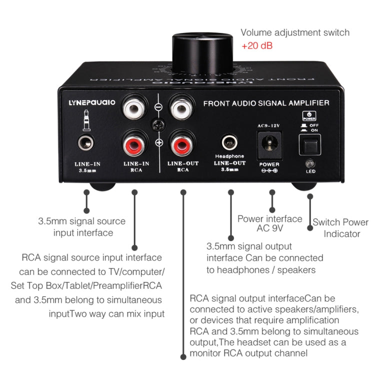 B015 Amplificatore di segnale stereo anteriore Cuffie Amplificatore per altoparlanti Sorgente audio doppia, B015