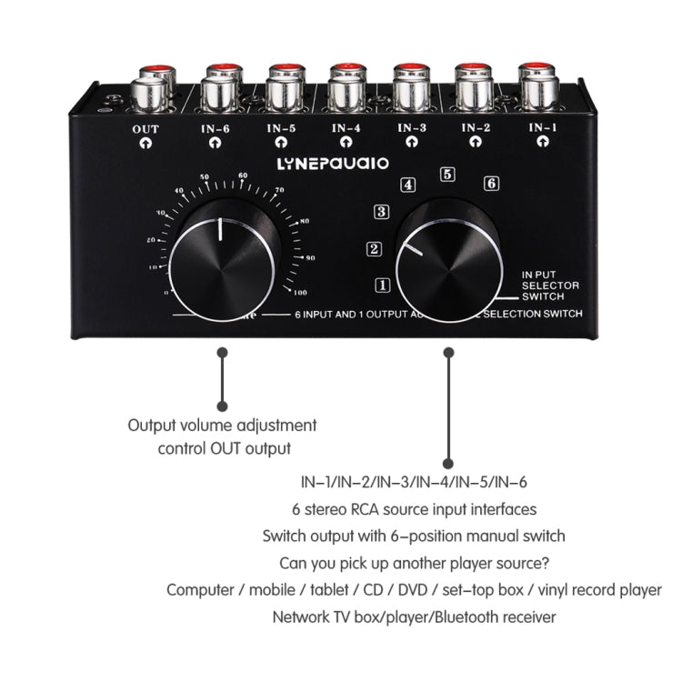 B016 6 Input audio signal source selection selector 1 output, output volume adjustment control RCA port