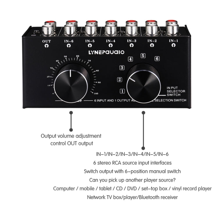 B016 6 Input audio signal source selection selector 1 output, output volume adjustment control RCA port