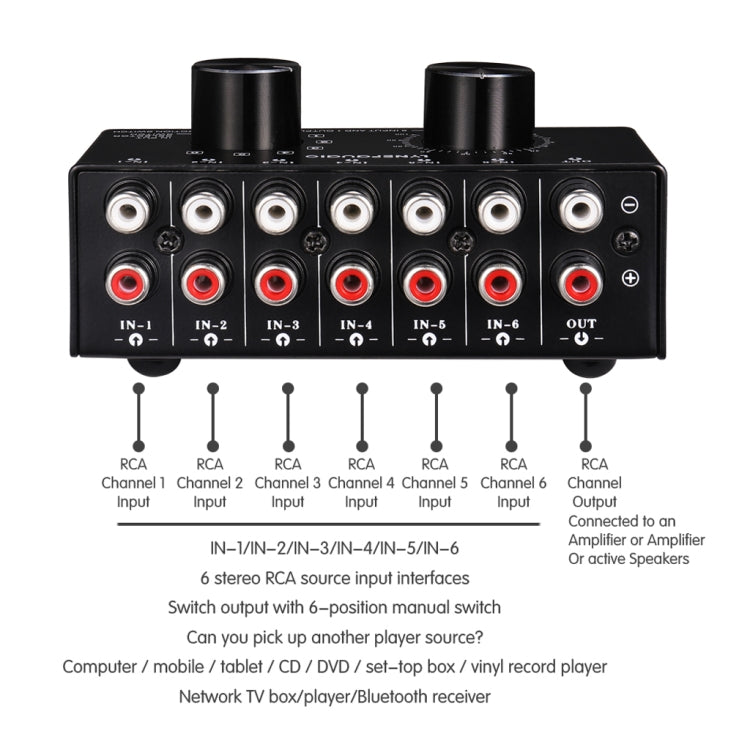 B016 6 Input audio signal source selection selector 1 output, output volume adjustment control RCA port