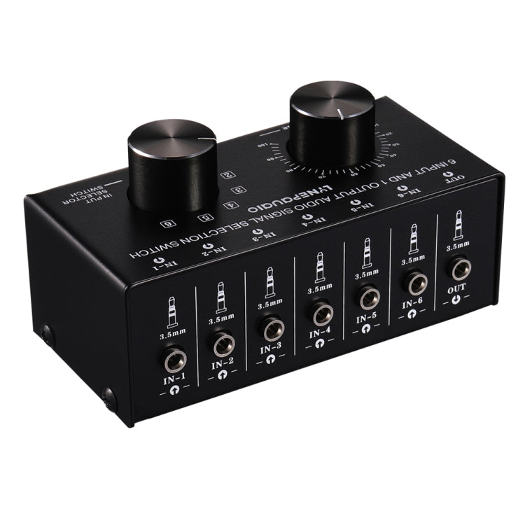 B017 6 Input 1 Output Audio signal selector Switch Output volume adjustment control 3.5mm interface