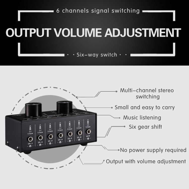 B017 6 Input 1 Output Audio signal selector Switch Output volume adjustment control 3.5mm interface