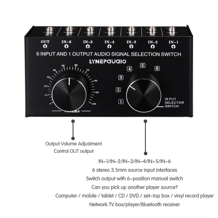 B017 6 Ingresso 1 Uscita Selettore segnale audio Commutatore Controllo regolazione volume uscita Interfaccia da 3,5 mm