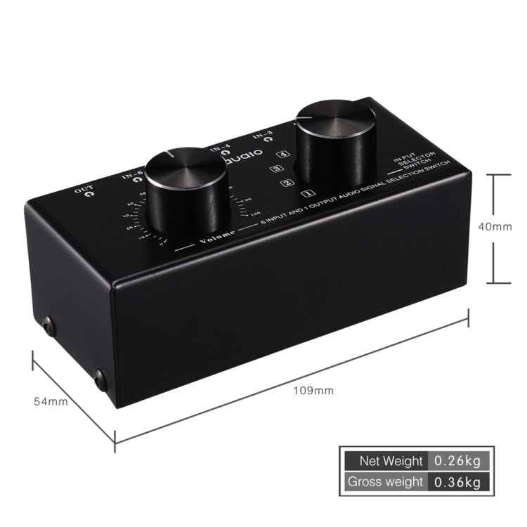 B017 6 Input 1 Output Audio signal selector Switch Output volume adjustment control 3.5mm interface