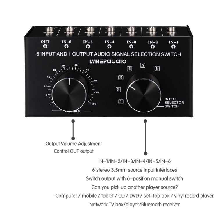 B017 6 Input 1 Output Audio signal selector Switch Output volume adjustment control 3.5mm interface