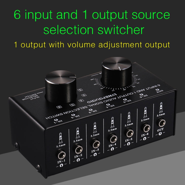 B017 6 Input 1 Output Audio signal selector Switch Output volume adjustment control 3.5mm interface