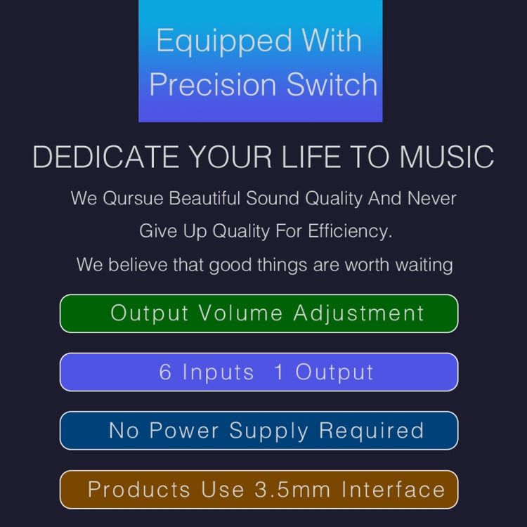 B017 6 Input 1 Output Audio signal selector Switch Output volume adjustment control 3.5mm interface