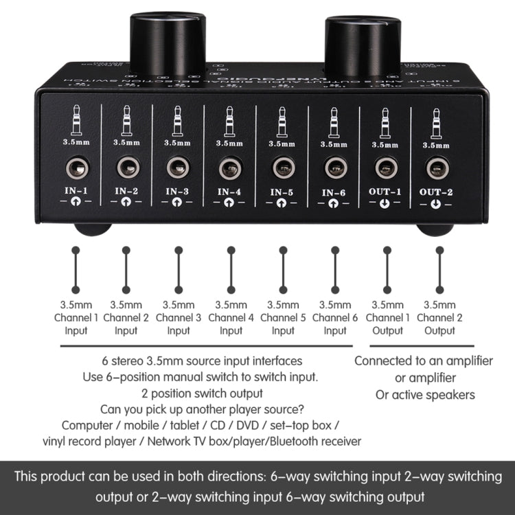 B027 6 input 2 output or 2 input 6 output audio signal source selection switch 3.5mm interface